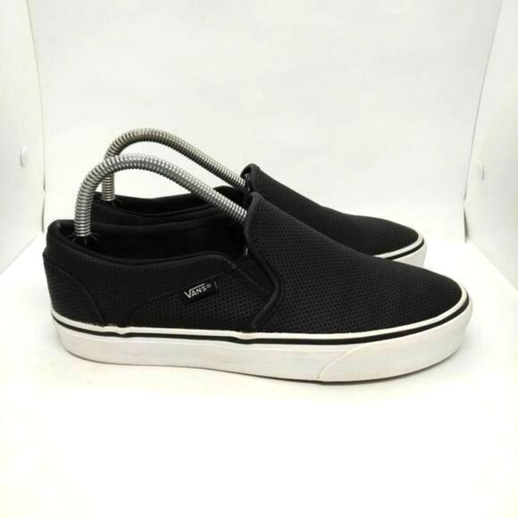 Vans Off The Wall Black Leather Perforated Slip On Shoes Womens Size 8.5 Black‎ - Picture 2 of 9